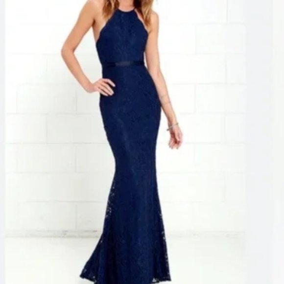 Lulus Halter Neck Lace Maxi Dress in Navy Blue Color - Picture 1 of 17